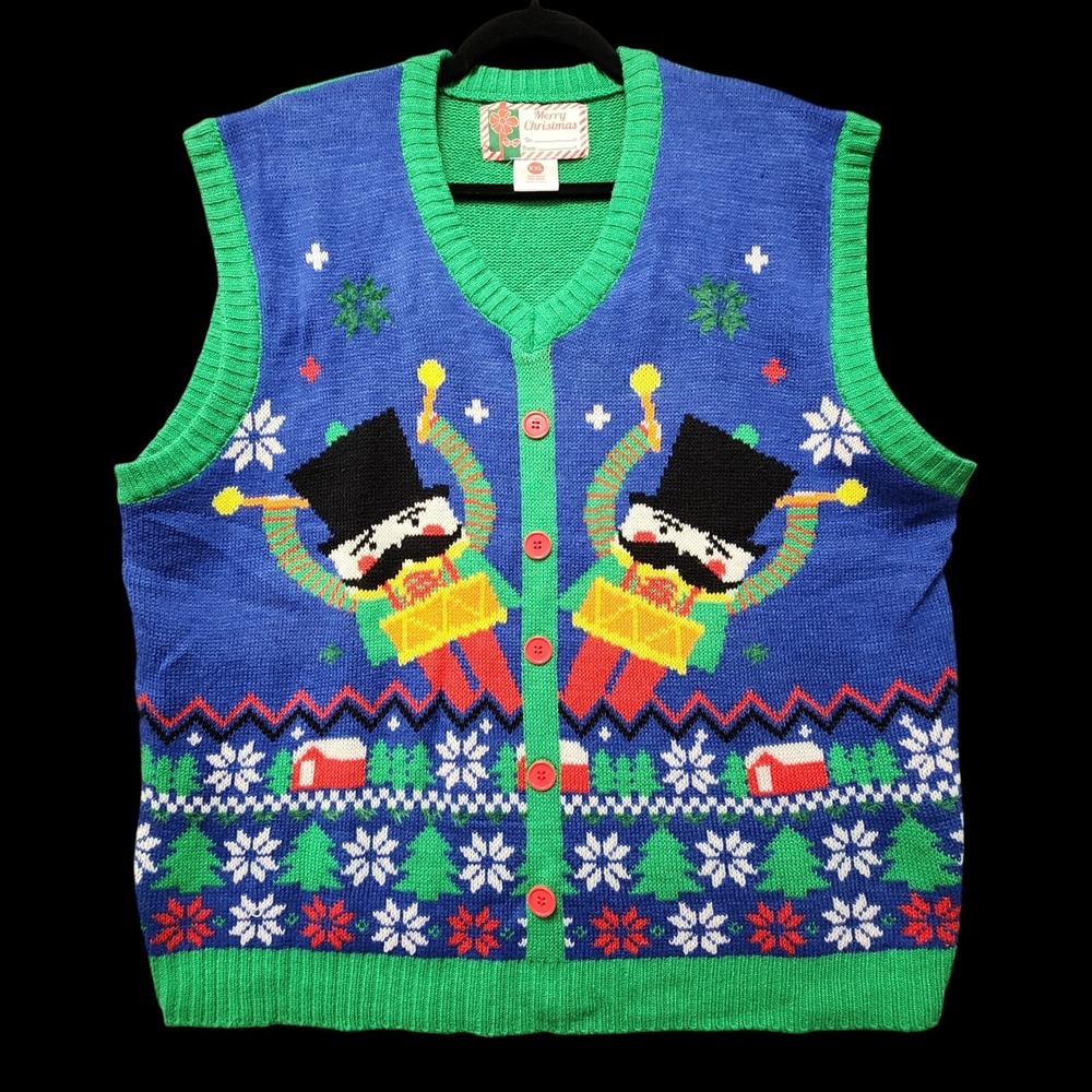 Merry Christmas Nutcracker Drummer Boy Sweater Vest Womens XXL Button Up Acrylic